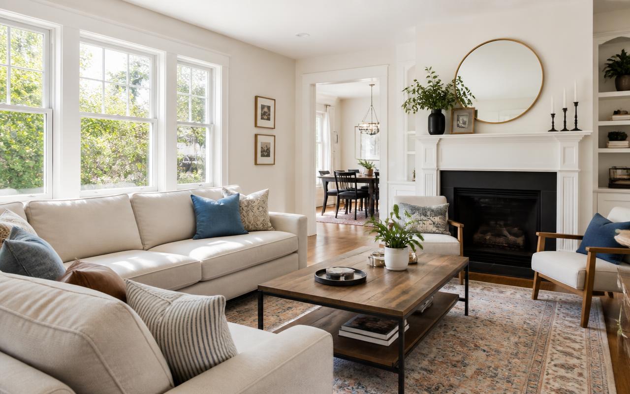 Bright, real-life freshly cleaned American home living room interior