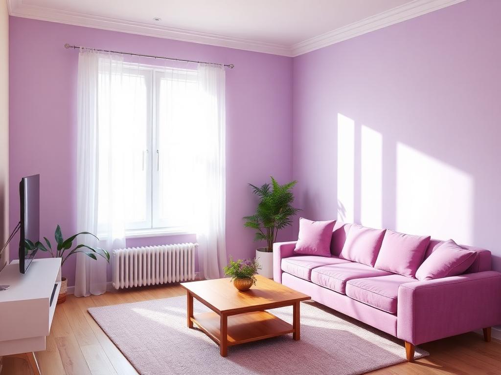 Bright, freshly cleaned lavender living room